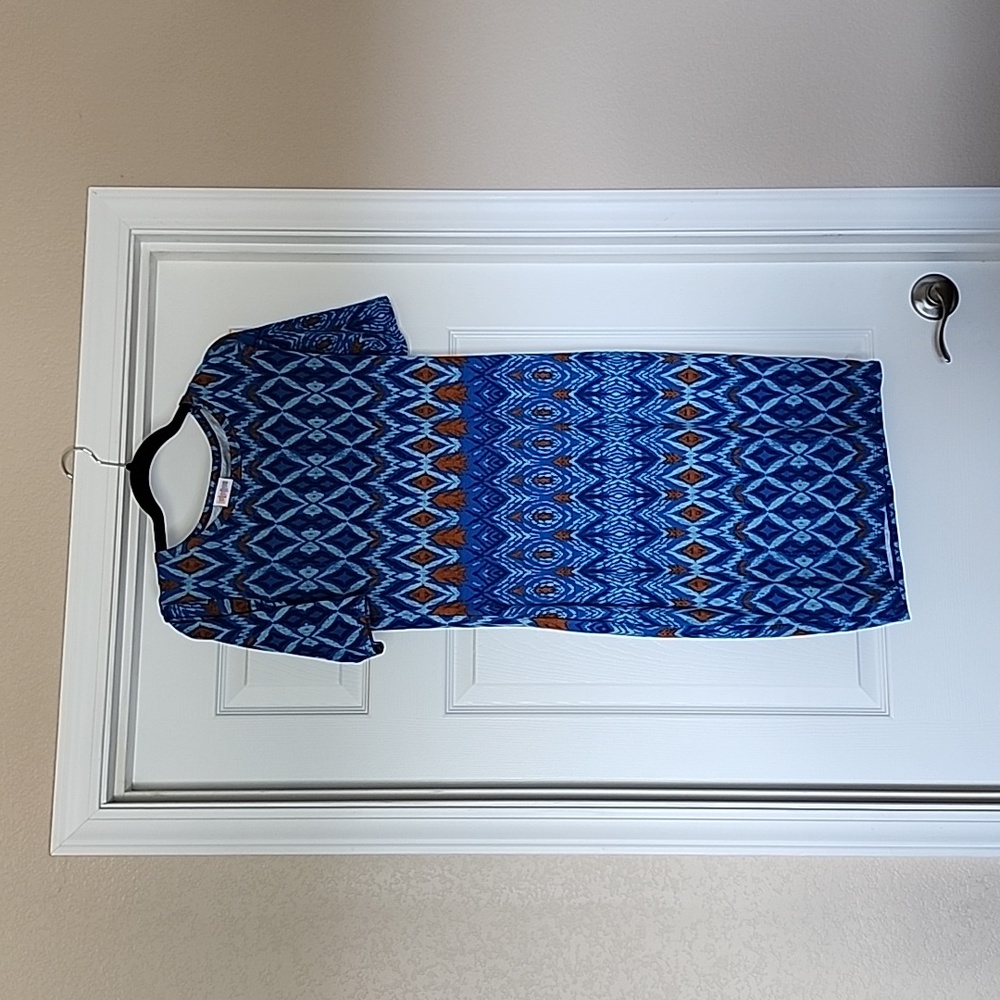 LulaRoe Julia dress size small. Shades of blue and rust throughout